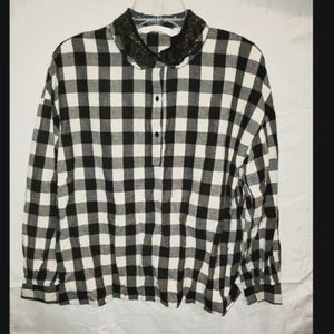 Zara navy and cream plaid top with sequin collar size S Small